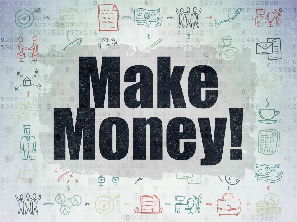 Business concept: Painted black text Make Money! on Digital Paper background with Scheme Of Hand Drawn Business Icons