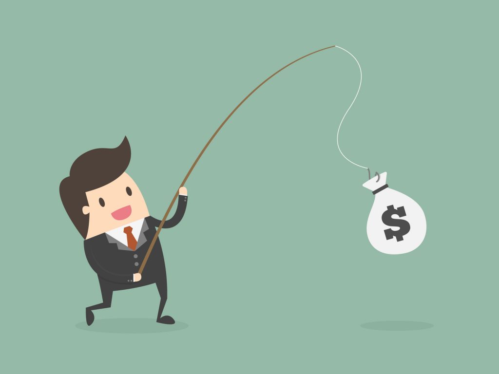 Businessman Catching Money With Fishing Rod. Business Concept Cartoon Illustration.