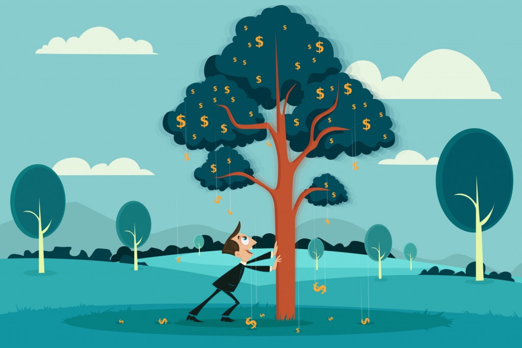 easy to edit vector illustration of businessman plucking dollar by shaking tree