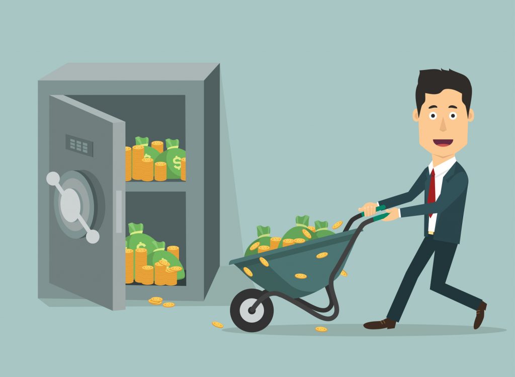 Vector flat illustration of a businessman with hand wheel-barrow full of money. Rich man depositing his fortune to bank. Investments for future. Loading money into protected safe.