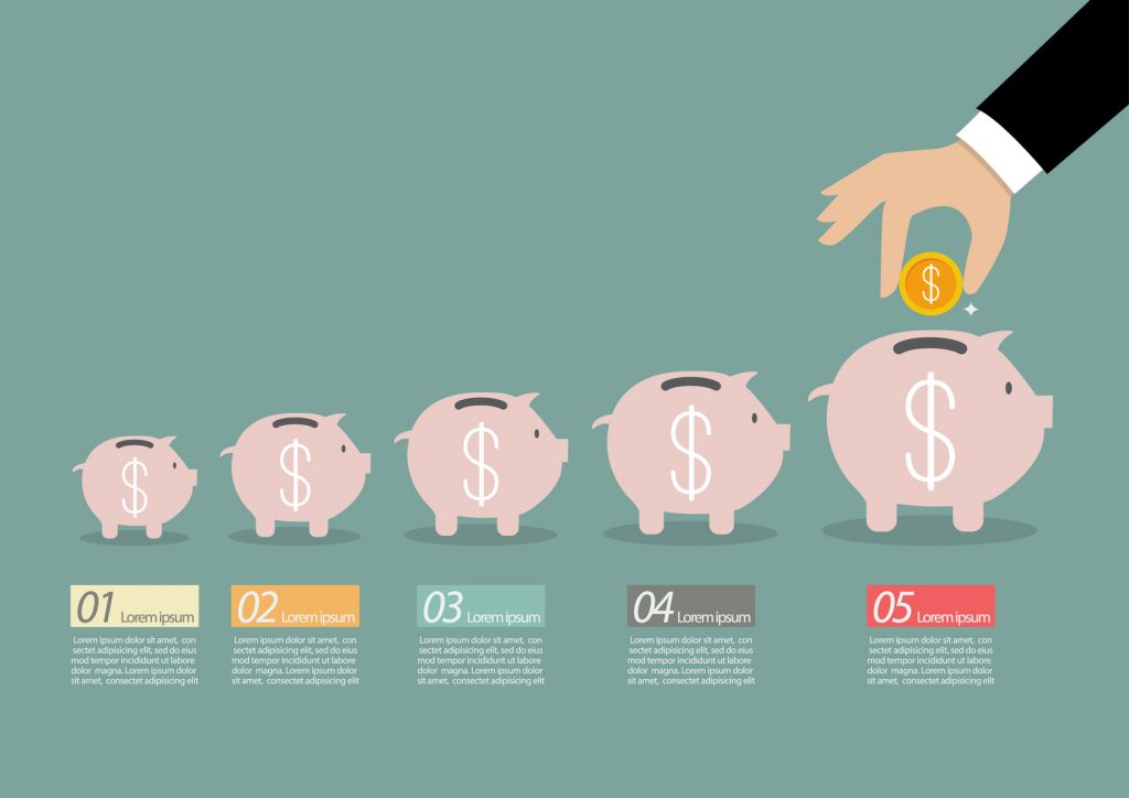 Step of business hand insert coin into the piggy bank infographic. Financial business plan